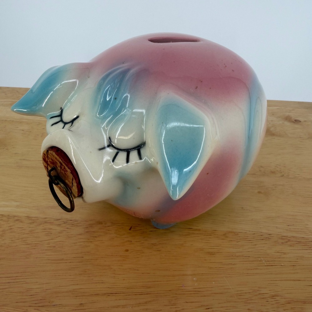 Hull Pottery Corky Piggy Bank Pink Blue 1957 Vintage Ceramic Kitsch MCM Nursery